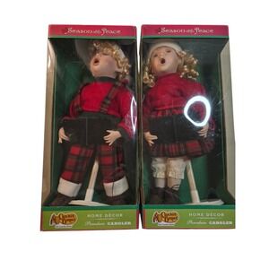 VINTAGE CRACKER BARREL ORIGINAL LOGO BISQUE BOY & GIRL DOLL CHRISTMAS CAROLERS